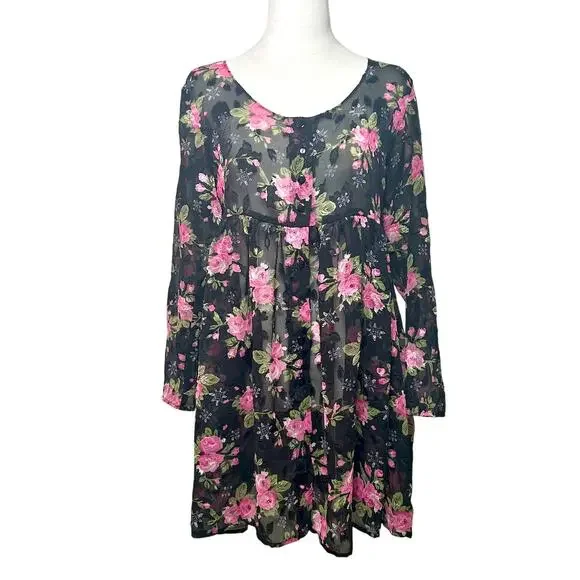Contempo Casual 90s Floral Sheer Babydoll Fairy Whimsygoth Grunge L/S MEDIUM - Picture 2 of 11
